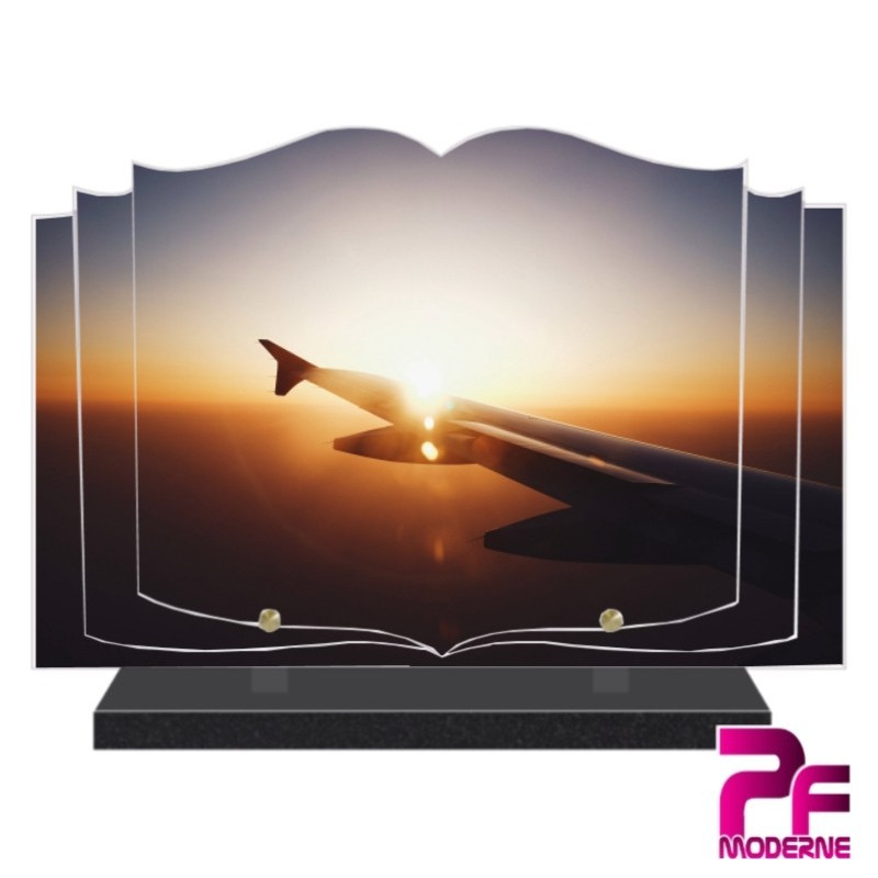 PLAQUE FUNÉRAIRE LIVRE AILE D'AVION ET SOLEIL COUCHANT PFM7014