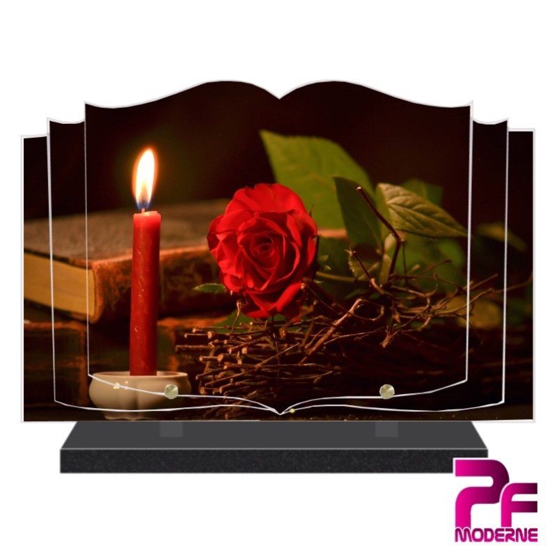 PLAQUE FUNÉRAIRE LIVRE OUVERT BOUGIE ET ROSE ROUGE PFM5029 PLAQUE FUNÉRAIRE LIVRE OUVERT BOUGIE ET ROSE ROUGE PFM5029