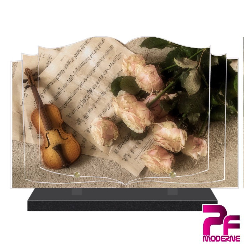 PLAQUE FUNÉRAIRE LIVRE MUSIQUE VIOLON ET FLEURS PFM1030