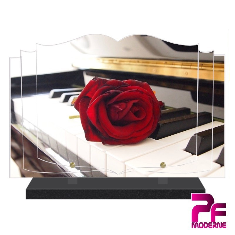 PLAQUE FUNÉRAIRE LIVRE MUSIQUE PIANO ROSE ROUGE PFM1040