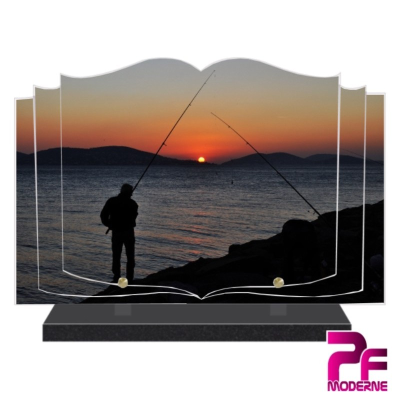 PLAQUE FUNÉRAIRE LIVRE PÊCHE PÊCHEUR COUCHER DE SOLEIL PFM8504