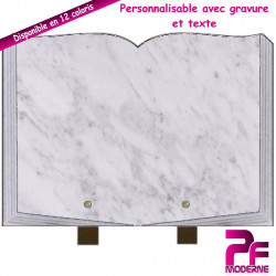 PLAQUE FUNÉRAIRE LIVRE OUVERT MARBRE BLANC SUR PIEDS PERSONNALISABLE