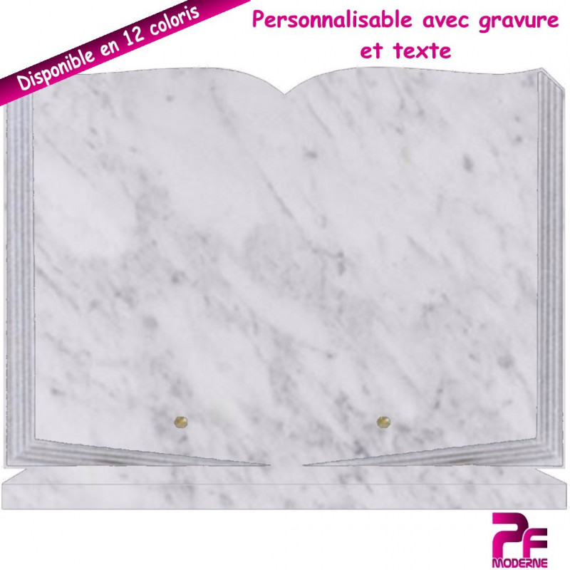 PLAQUE FUNÉRAIRE LIVRE OUVERT MARBRE BLANC SOCLE PERSONNALISABLE