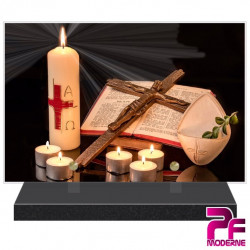 PLAQUE FUNÉRAIRE RELIGION CHRÉTIENNE CROIX BIBLE BOUGIES PFM6201