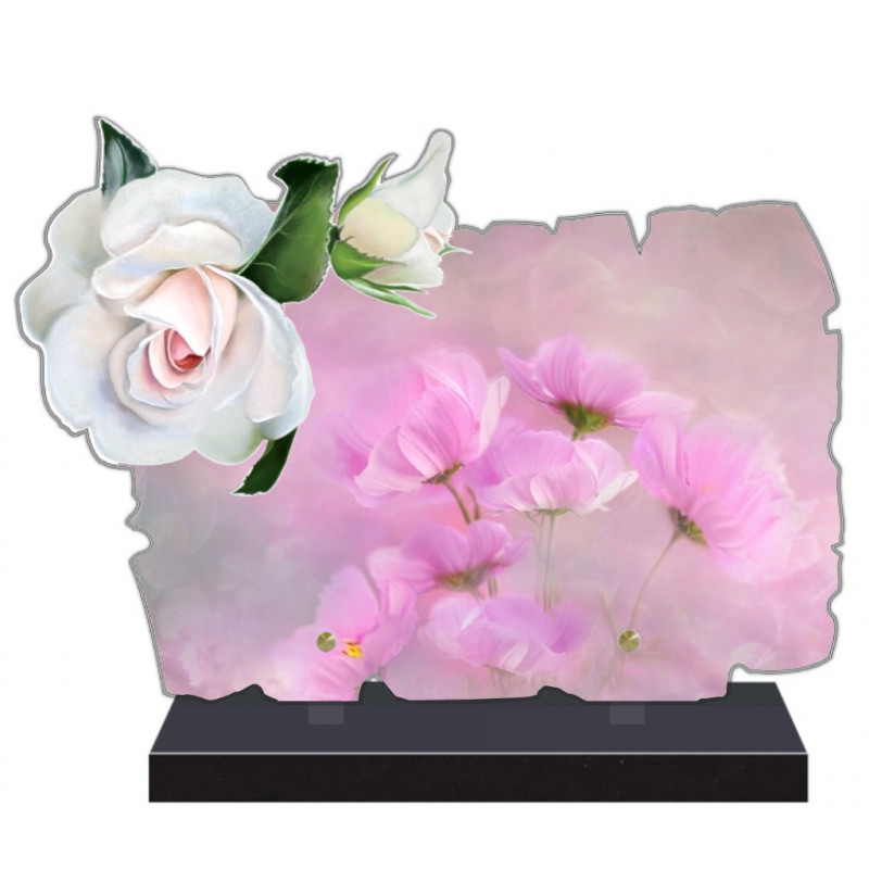 Plaque funéraire en céramique modèle rectangulaire à fixer fleurs  polychrome + inscriptions personnalisée